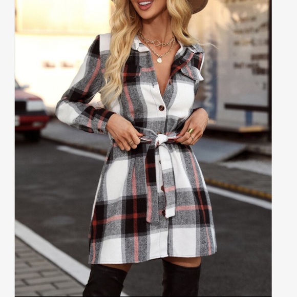 Cozy Plaid Button Up Belted Shirt Dress - Picture 2 of 6